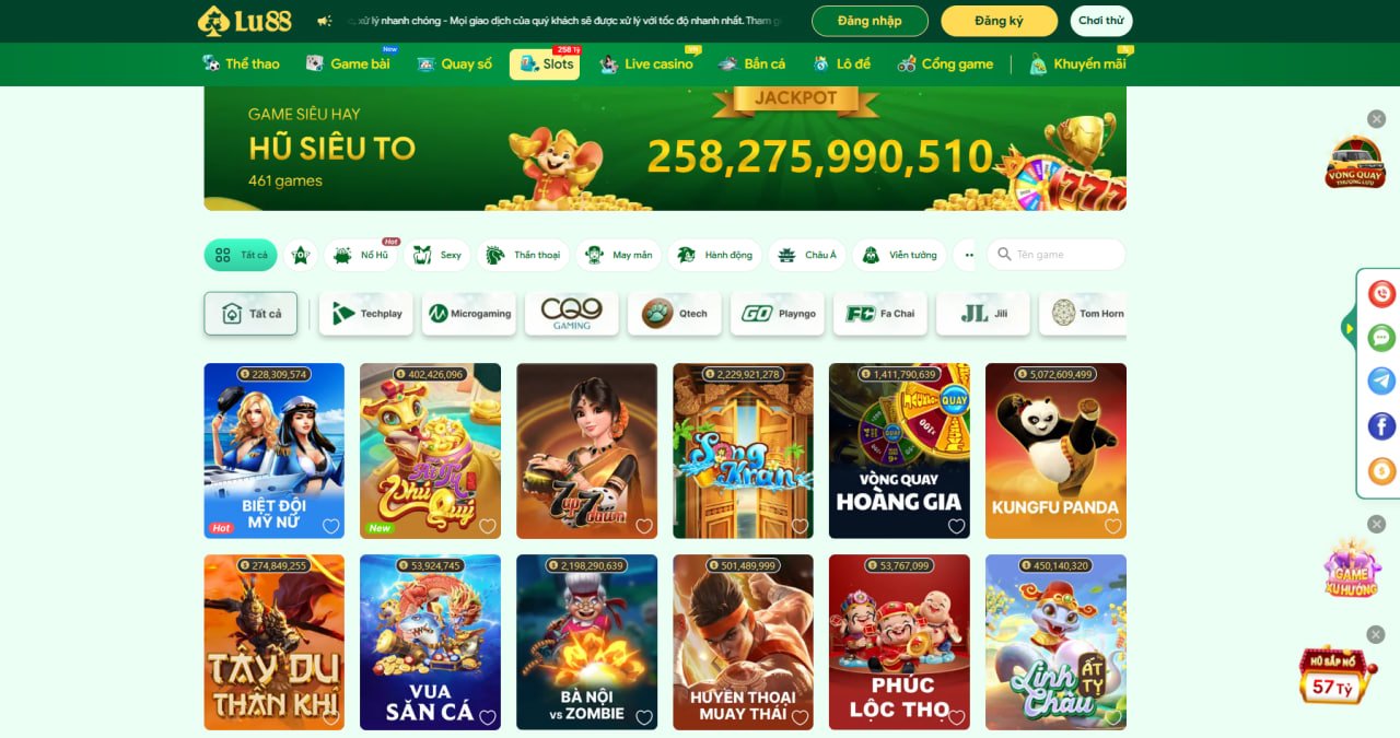 Giao diện trang slot game trên LU88 với các trò chơi nổi bật như Biệt Đội Mỹ Nữ, Tây Du Thần Khí, Vua Săn Cá và Phúc Lộc Thọ, cùng hiển thị mức jackpot trực tuyến.