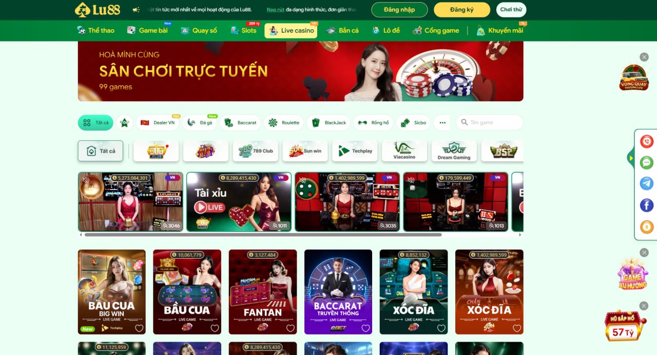 Giao diện sảnh chơi Live Casino trên LU88 với đa dạng trò chơi như Tài Xỉu, Baccarat, Rồng Hổ và Xóc Đĩa cùng dealer trực tuyến.